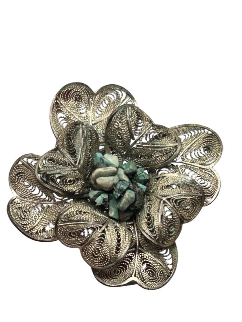 Vintage Chinese Export Silver Washed Filigree Flower Brooch with Turquoise